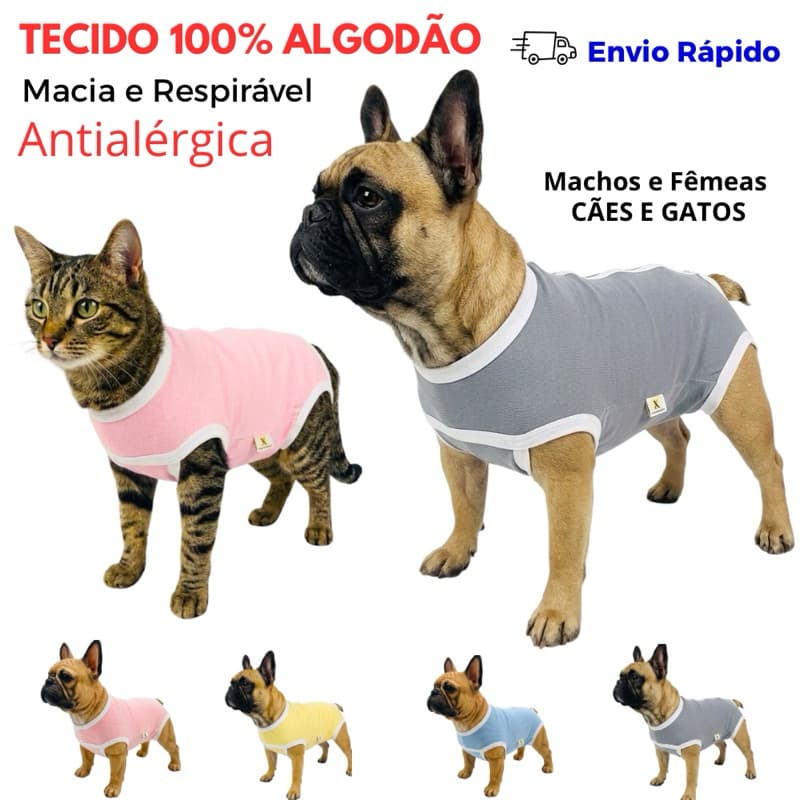 ROUPAS PÓS CIRURGICA OU CASTRAÇÃO PARA CACHORROS E GATOS, AZUL, ROSA, CINZA, TECIDO ALGODAO 100%