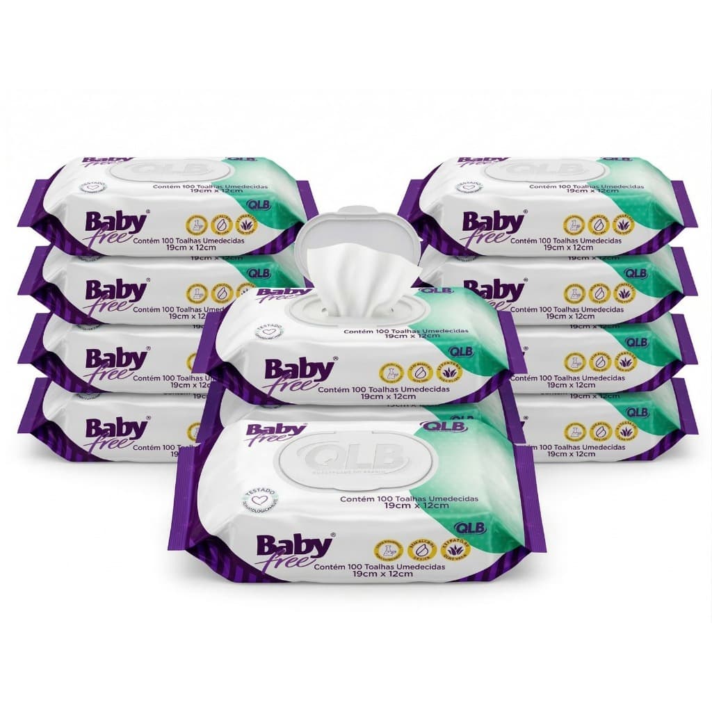 Caixa com 10 Lenços/Toalhas Umedecidas Baby Free c/ 100 Unidades Cada – Tampa FlipTop