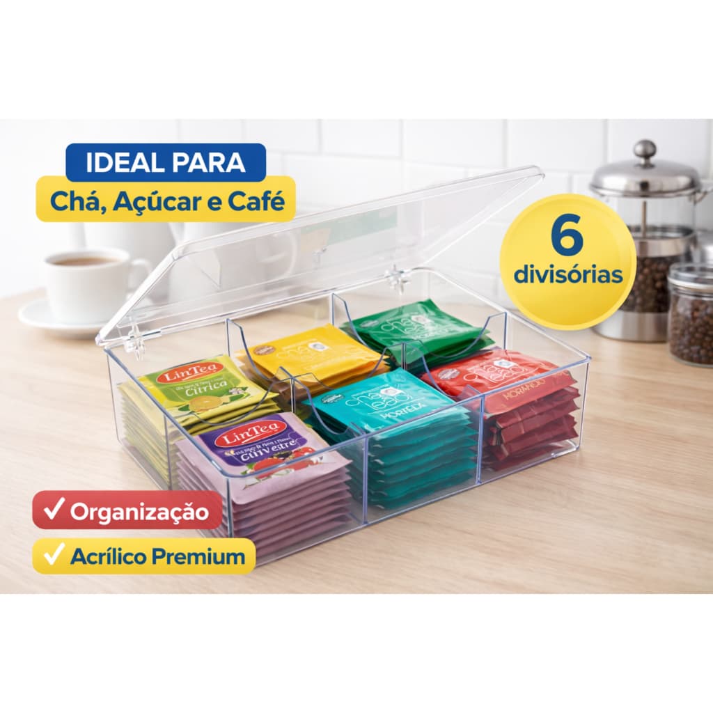 Porta Sachês Chá Açúcar Café Acrílico 6 Divisórias Organizador Utily