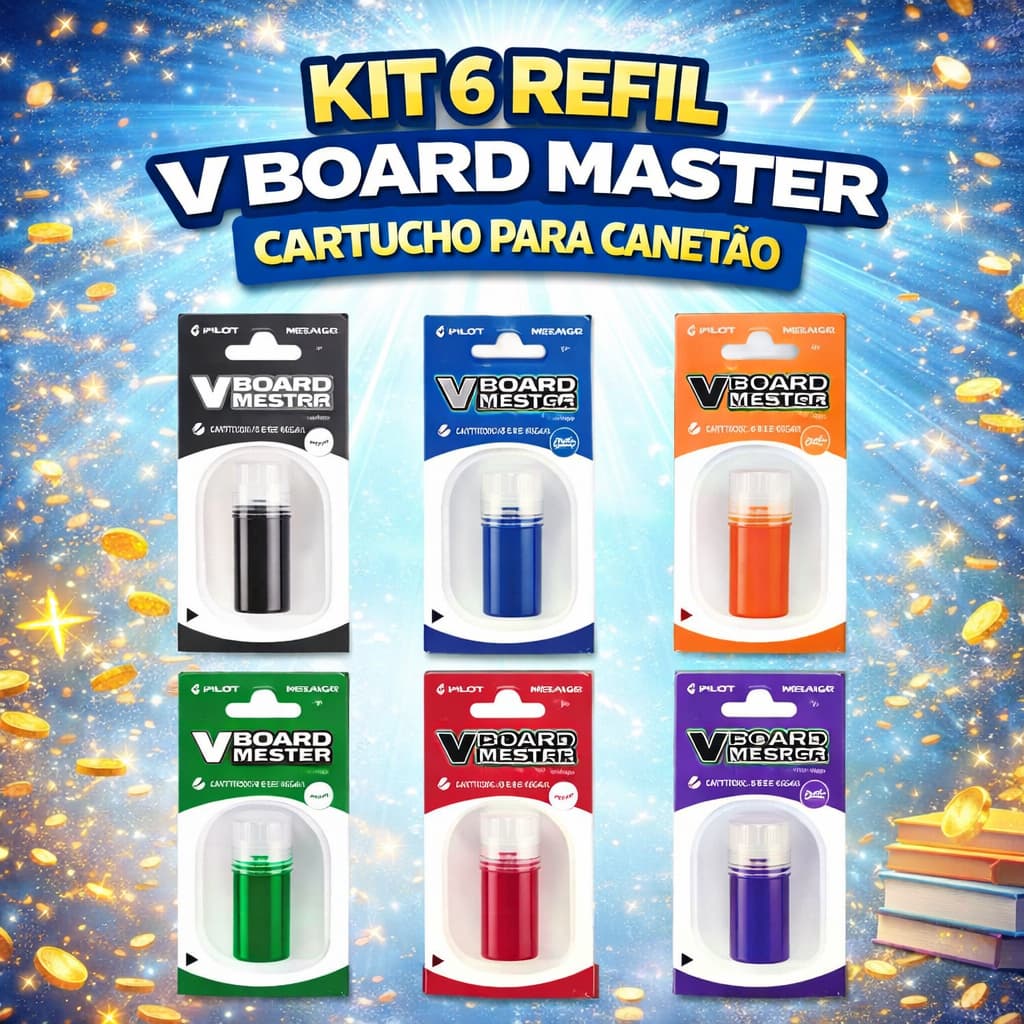 Kit 6 Refil Marcador Quadro Branco V-Board Master Pilot Original Recarga Cores Sortidas Tinta Intensa Fácil Troca
