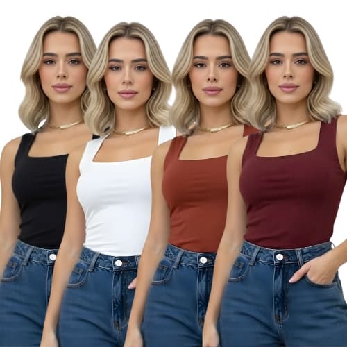 Kit 4 Regatas Feminina Decote Quadrado Suplex Lisa Elegante Tendencia Verao Blogueira Fashion