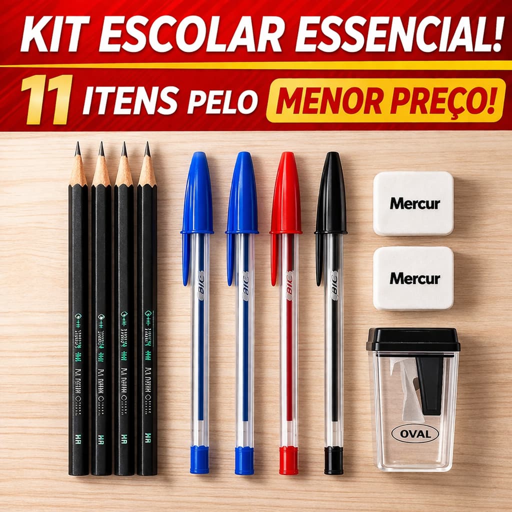 Kit Escolar Completo 11 Itens Caneta Bic + Lápis + Borracha + Apontador Material Escolar