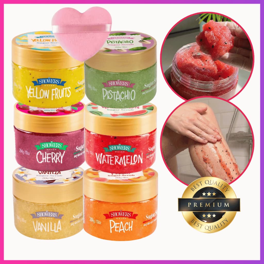 Esfoliante Corporal Premium + Esponja Rosa Sugar Scrub Wever Melancia Pêssego Vanilla Hidratante Corpo Macio