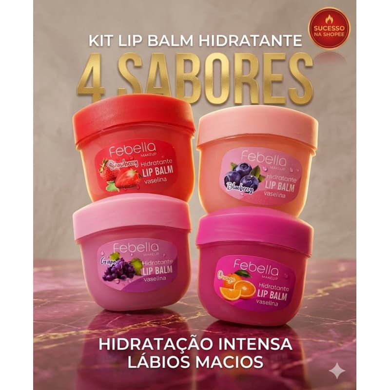 Kit c/4Un Lip Balm Fruta no Potinho Hidratante Labial Febella Labios Macios