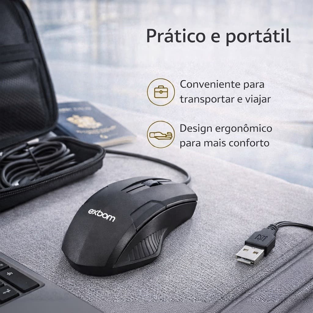 Mouse Óptico USB com Fio 1200 DPI Ergonômico Super Leve Confortável PC Notebook