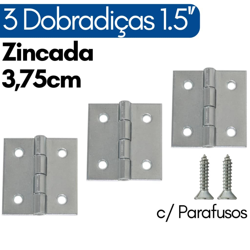 Dobradiça Pequena Zincada 1.1/2'' Kit Mini Dobradiças 1,5 Polegadas para Porta com Parafusos