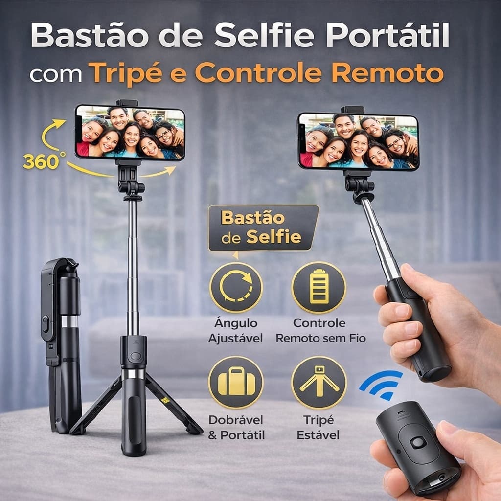 Bastão Selfie Tripé com Controle Bluetooth Portátil para iPhone Samsung Android