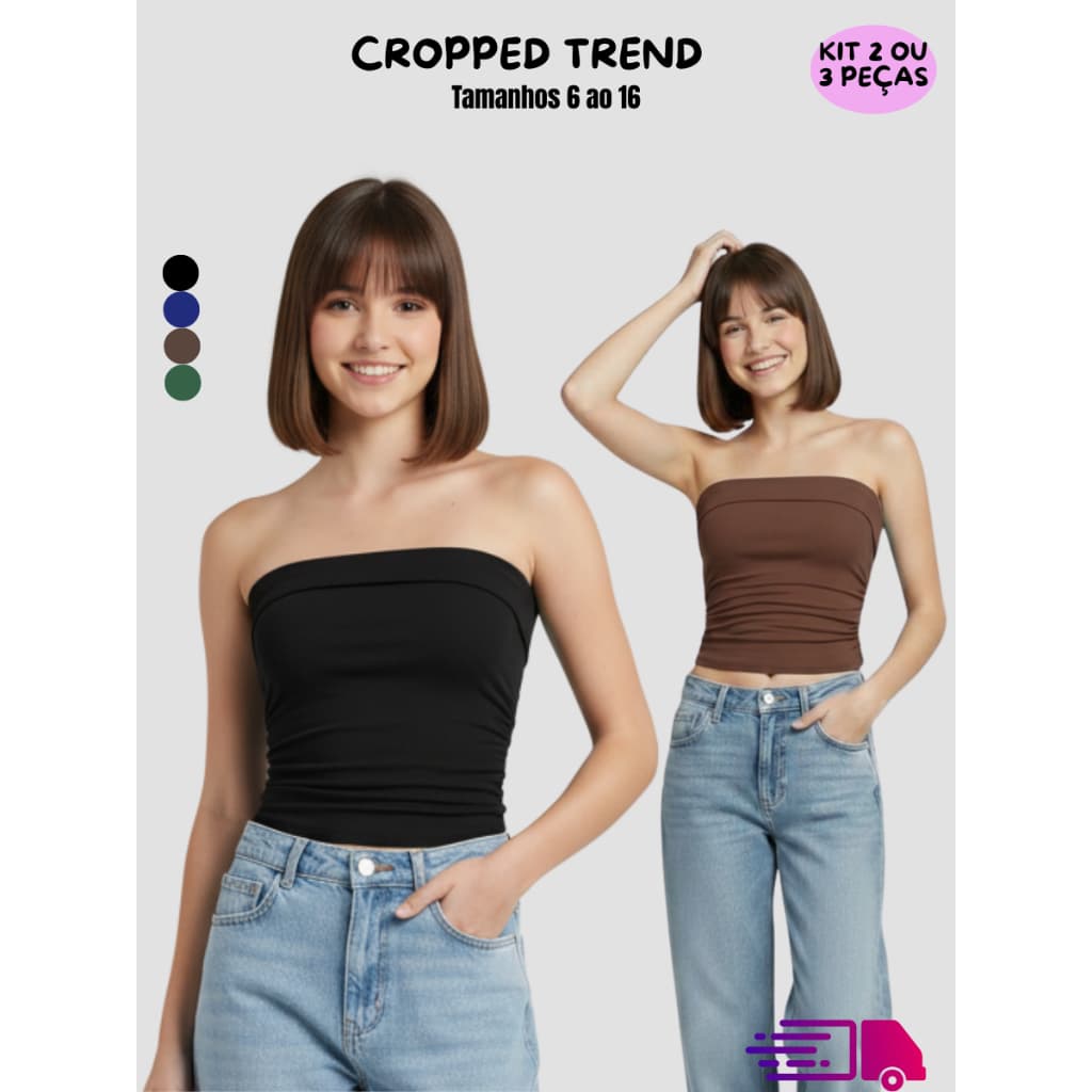 Cropped Tomara que Caia Juvenil Franzido Lateral Kit 2 ou 3 Peças Moda Verão Menina Adolescente