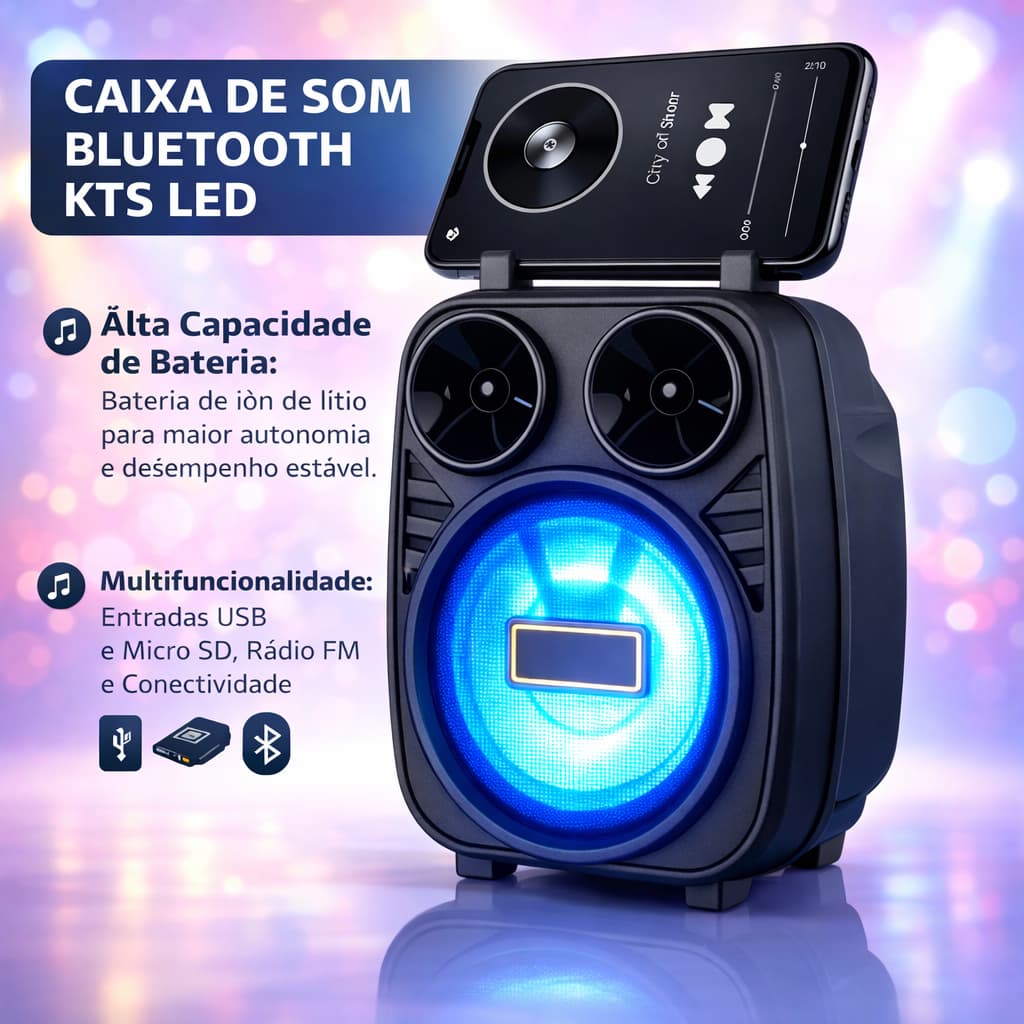 Caixa Som Bluetooth KTS Potente Recarregavel Radio FM Portatil LED Alto Falante Compacto