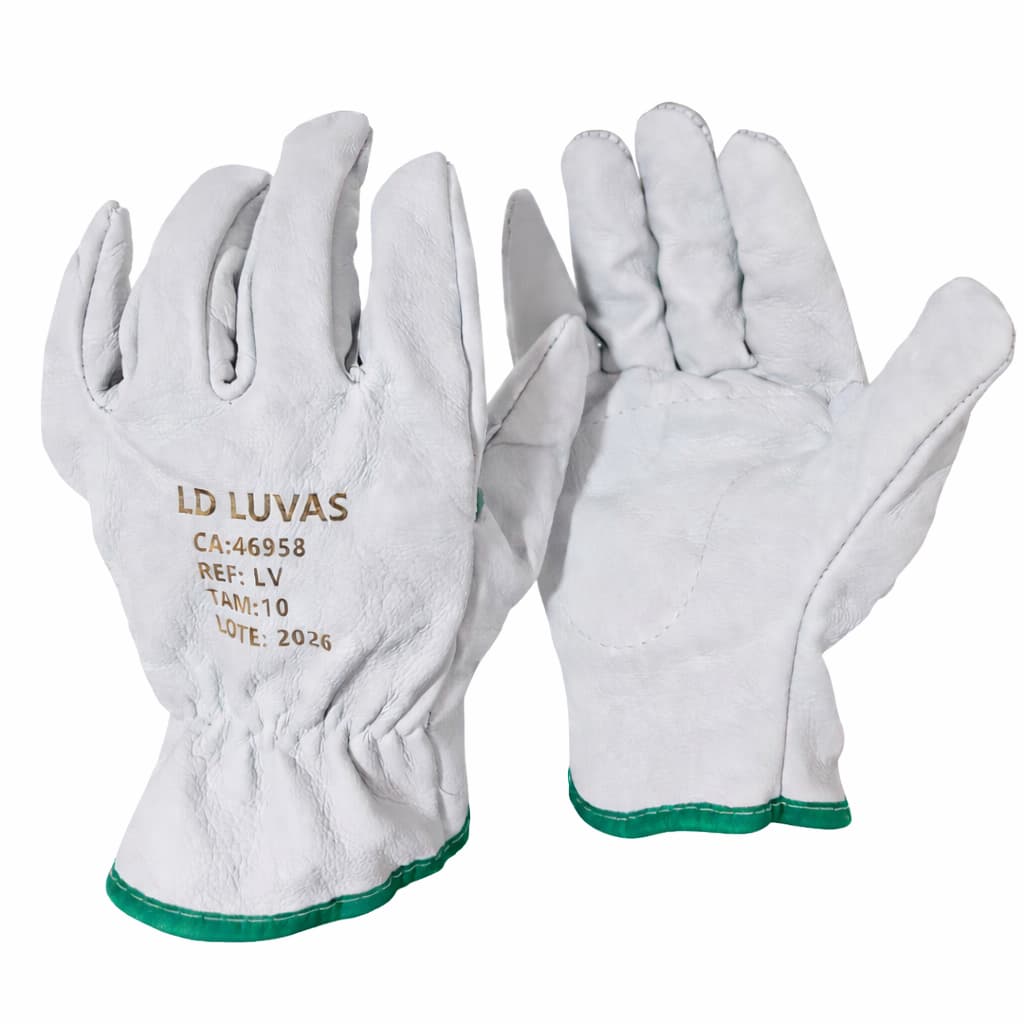 Kit 10 Pares Luva Segurança Couro Vaqueta Total Petroleira CA c/Reforço Resistente EPI Pedreiro Eletricista Marcineiro