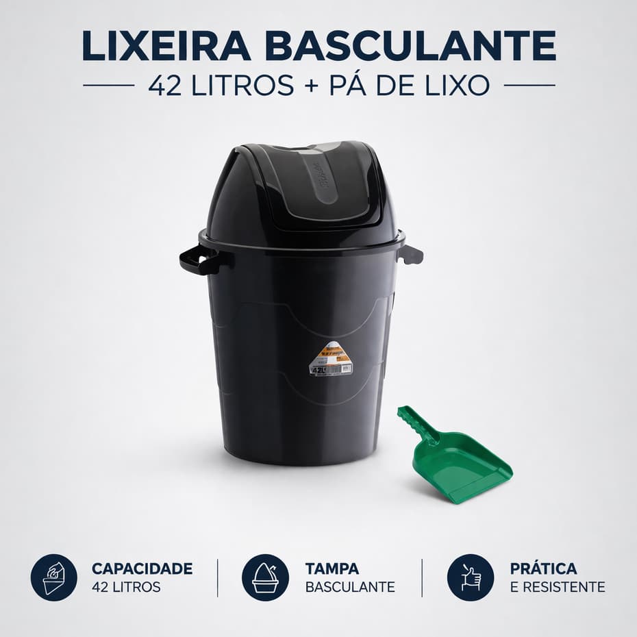 Lixeira Basculante Grande de 42 litros + Pá de Lixo