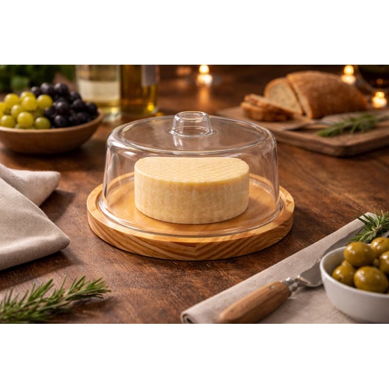 Queijeira de Madeira e Tampa Acrílica Premium Porta Queijos e Bolos Grande 25 cm