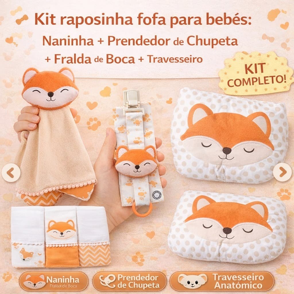 Naninha + Prendedor de chupeta + Fralda de Boca + Travesseiro Anatômico 100% Algodão