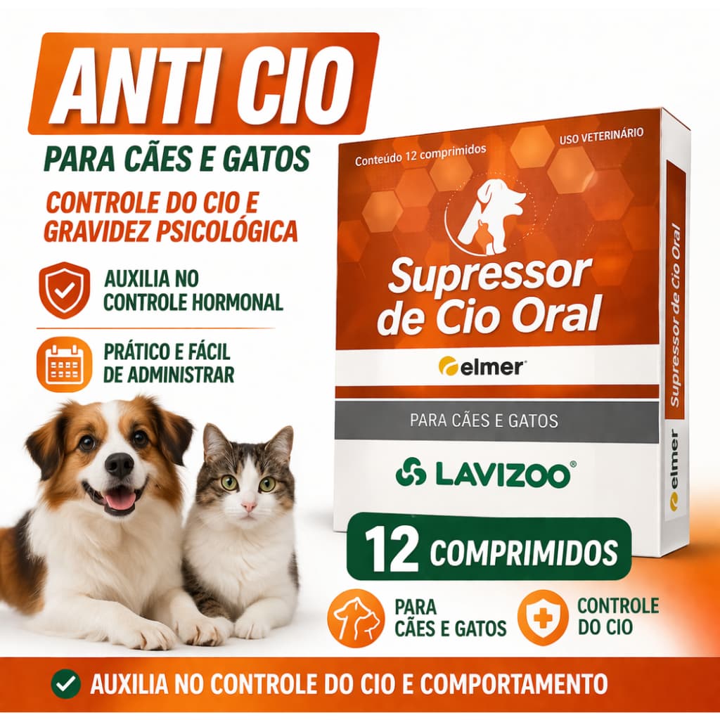 Supressor de Cio Lavizoo 12 Comprimidos para Cães e Gatos Controle de Cio e Gravidez Psicológica