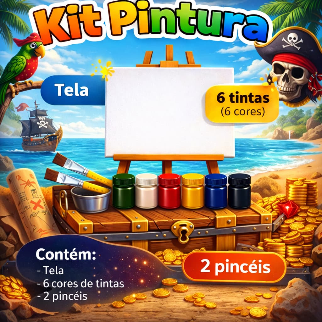 Tela para Pintura + Kit com 6 Tintas Guache e 2 Pincéis