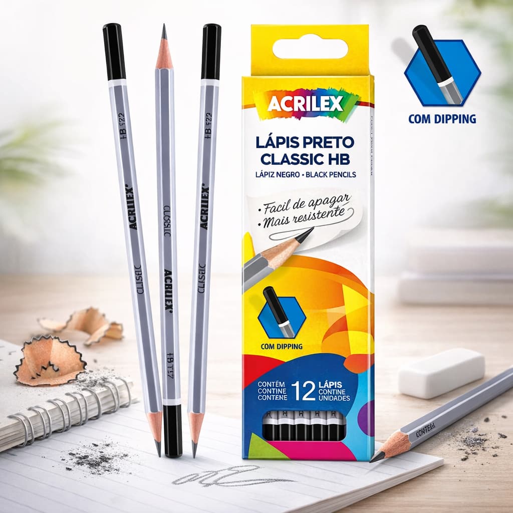 Lápis Grafite Preto Classic HB Caixa Com 12 Unidades Com Dipping Acrilex