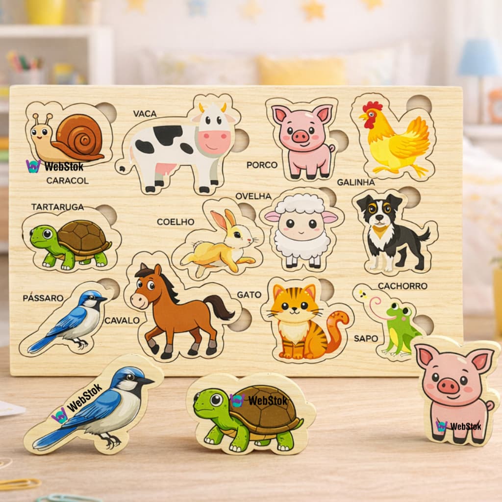 Quebra Cabeça Animais Brinquedo Educativo Encaixe Didático Animais 12 pçs Tabuleiro