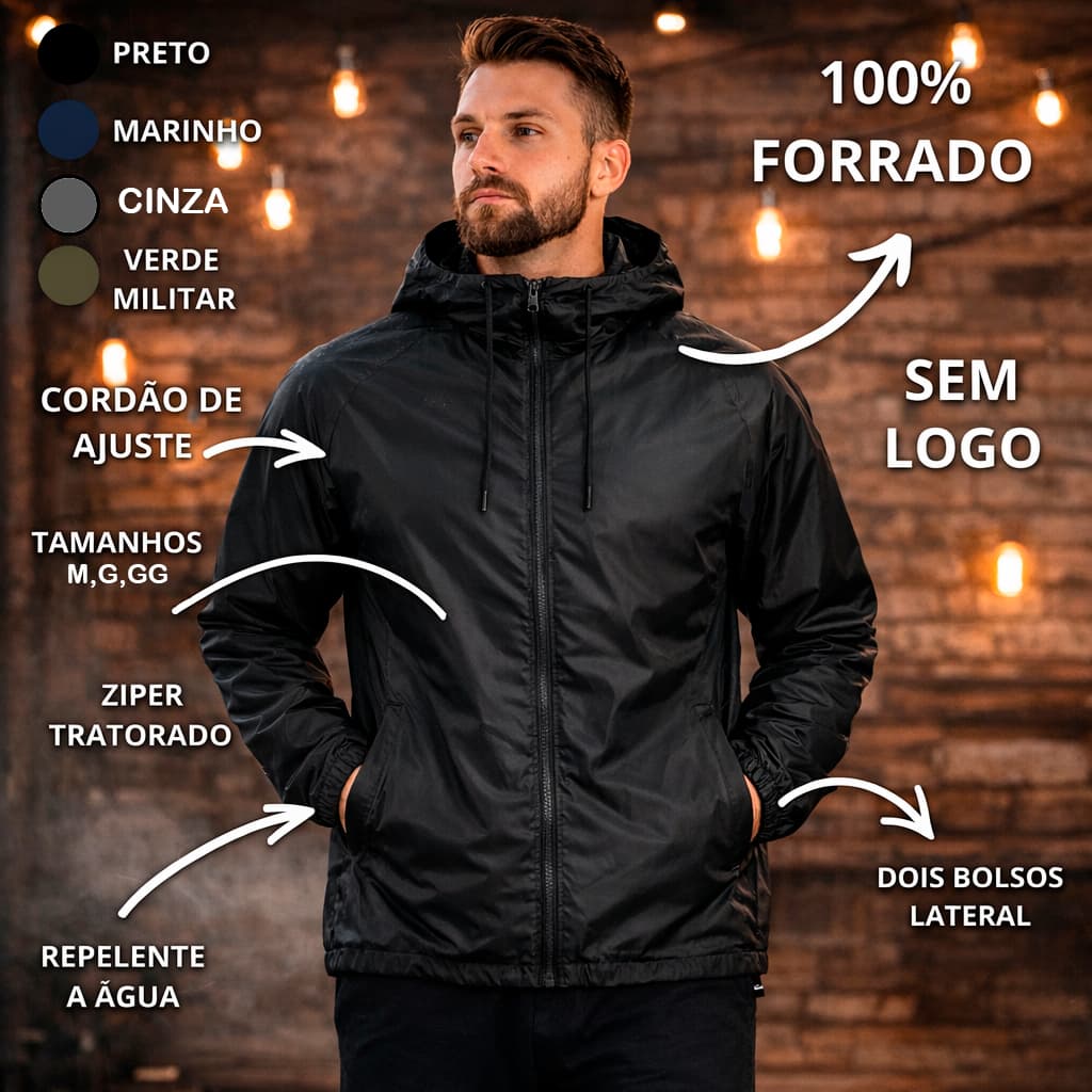 Jaqueta corta vento 100 % forrada Impermeavel com capuz alto.