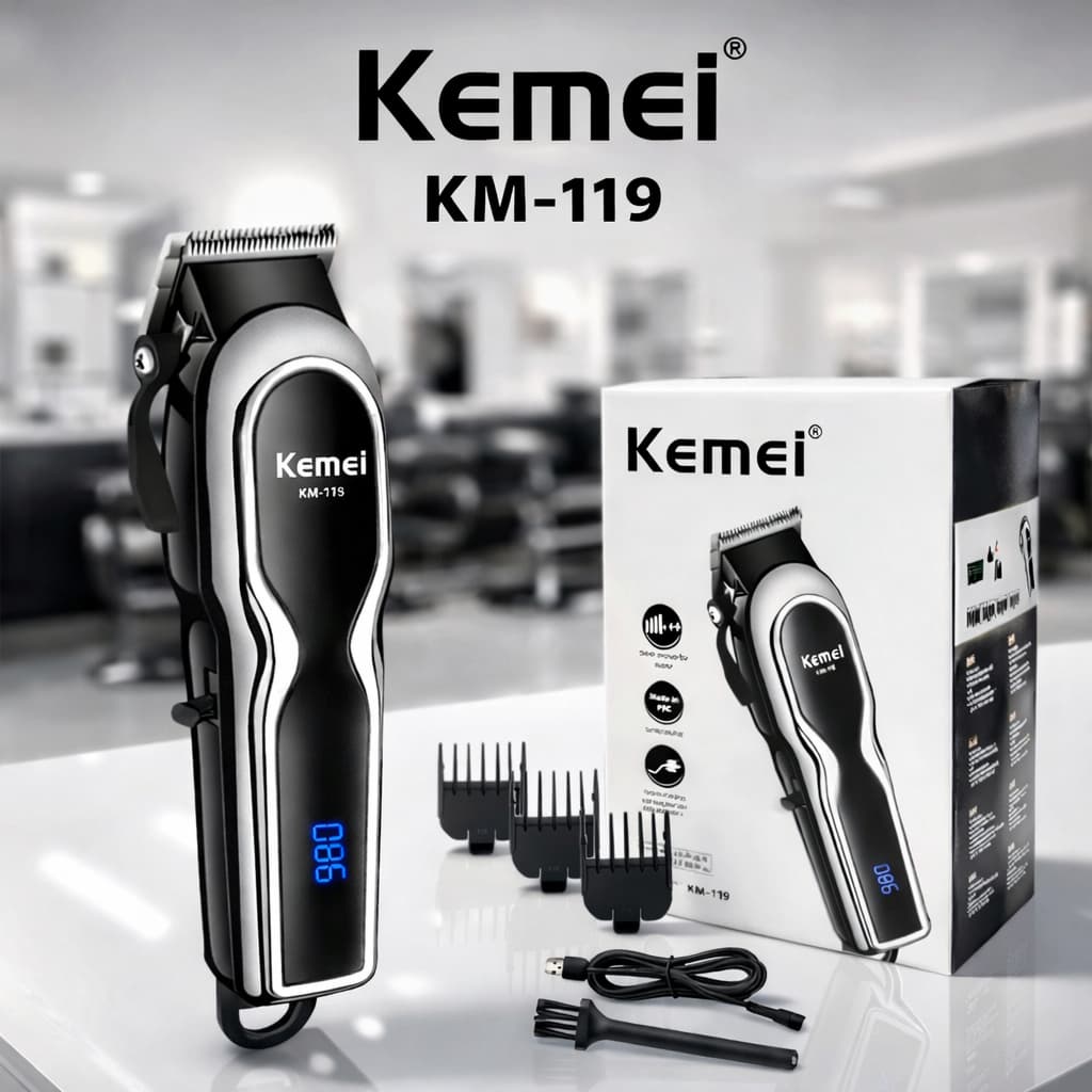Máquina de Cortar Cabelo Profissional Kemei KM-119 – Bivolt, 4 Pentes, Uso Barbeiro & Doméstico