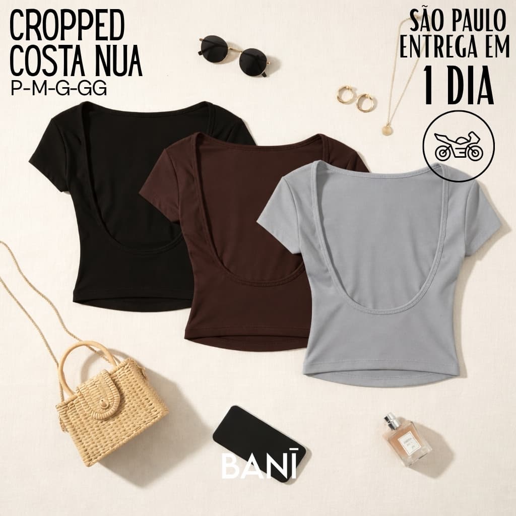 Cropped Costa Nua Feminina Ombro a Ombro manga curta Suplex Baby Tee Liso Casual Básico Tecido Duplo