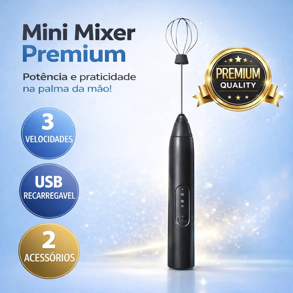Mini Batedor Mixer Elétrico Portátil Bivolt Premium Preta