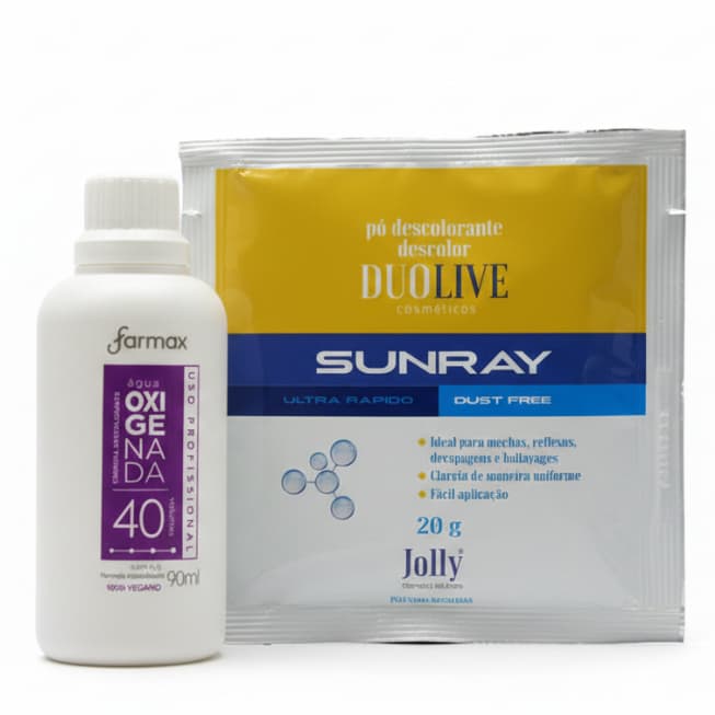 KIT Descolorante Capilar Profissional- Pó Sunray DuoLive  20g + Água Oxigenada Farmax 40 Vol 90ml
