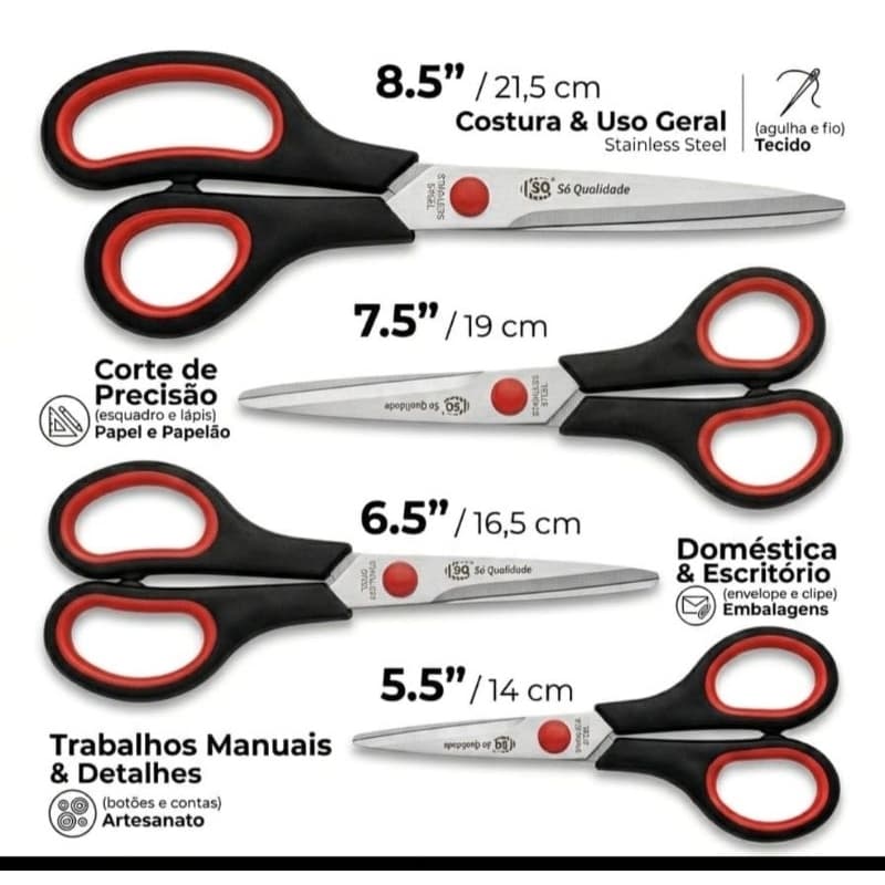 kit com 4 tesoura 8,5'' 7,5'' 6,5'' 5,5'' multiuso, aço Inoxidável  de alta qualidade