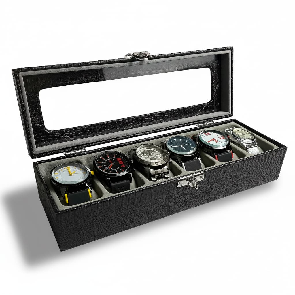 Estojo 6 Relógios Com Vidro Preto Interno Aveludado Cinza
