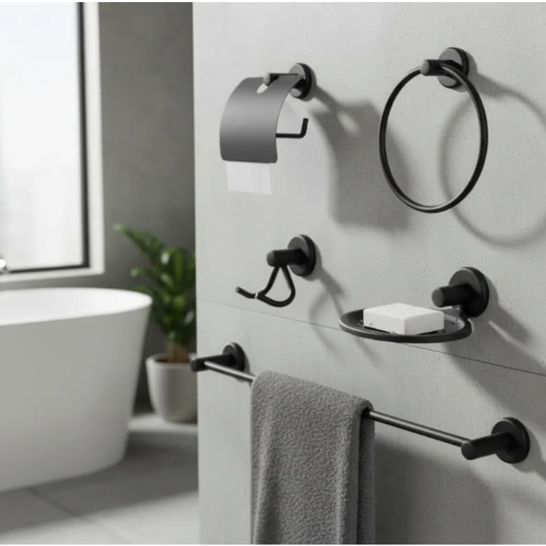 Kit Acessorios Para Banheiro Aço Inox 5 Peças Preto Fosco E Cromado