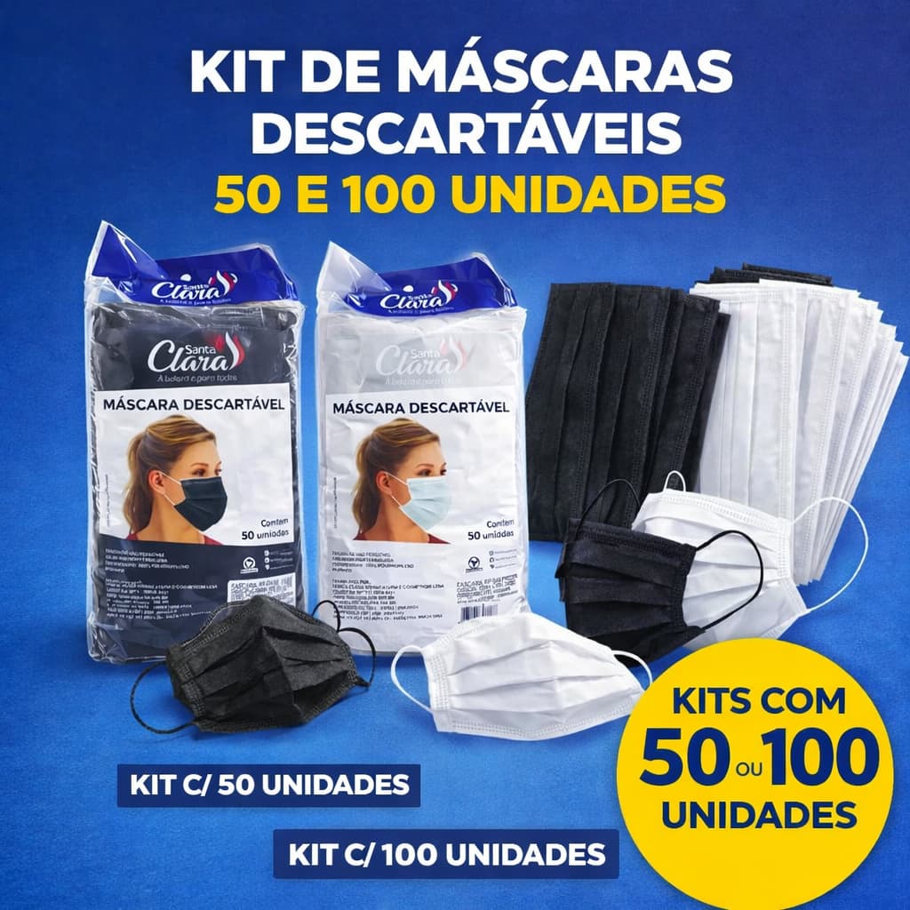 Máscaras Descartáveis Santa Clara Dupla Camada – Pacote com 50/100 Unidades