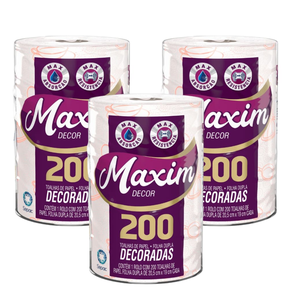 Kit Papel Toalha Decorado Maxim – 3 Pacotes com 200 Fls Cada, Alta Absorção e Sofisticação