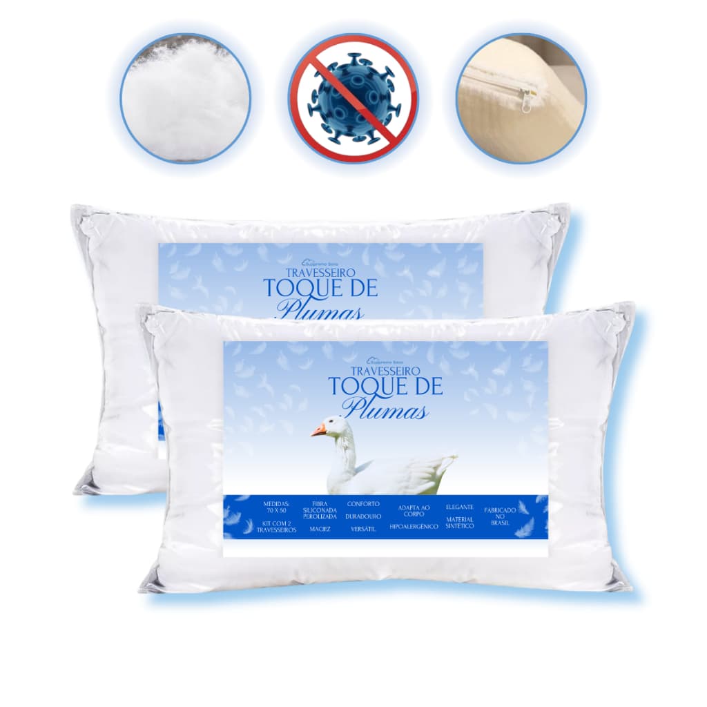 Kit 2 Travesseiro ALTO Macio Pluma de Ganso Antialergico Lavável 50x70cm Impermeável fibra 100% siliconada