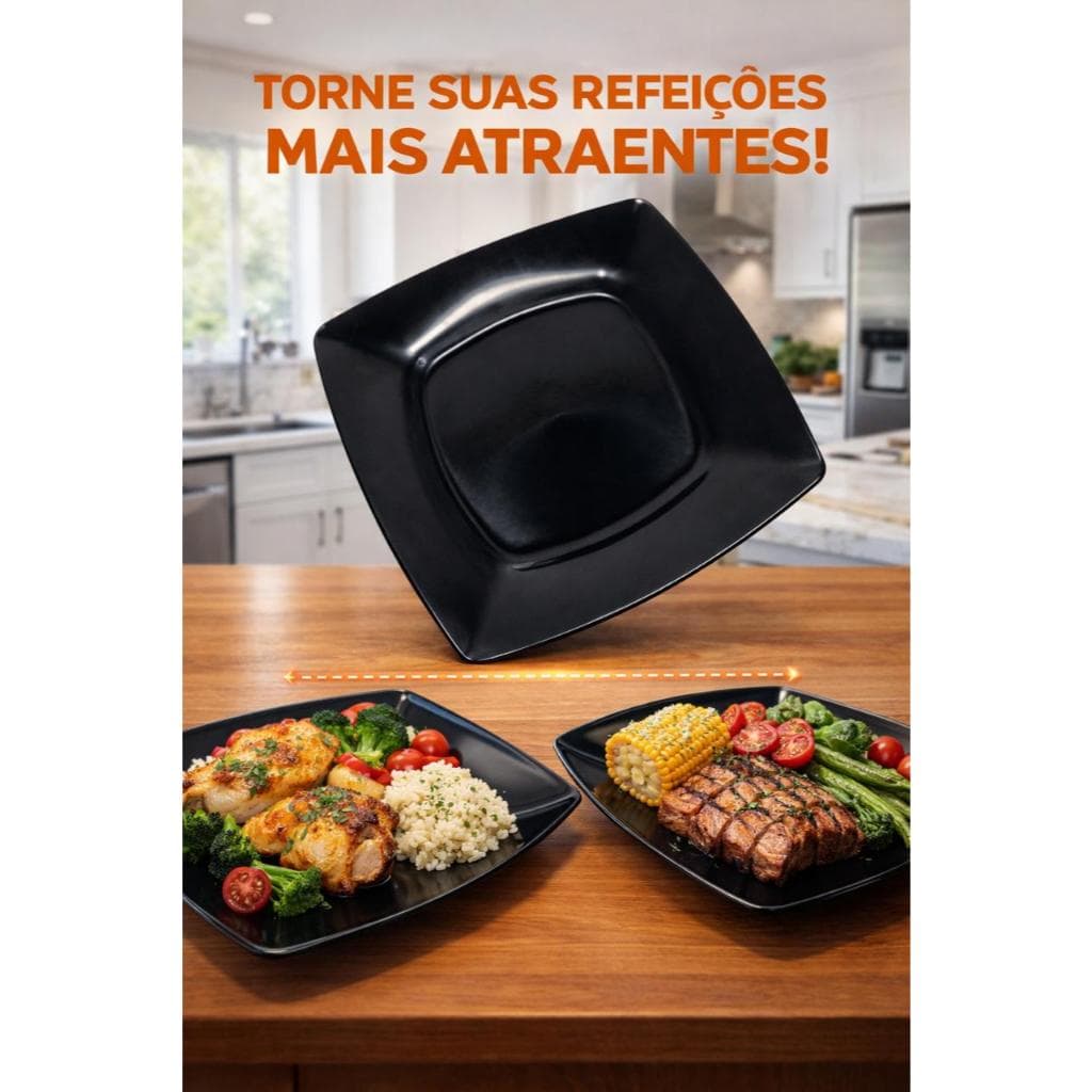 Kit com 20 Pratos Quadrados preto  Plástico resistentes lavável p/ churrascos refeições festas aniversários livre de BPA