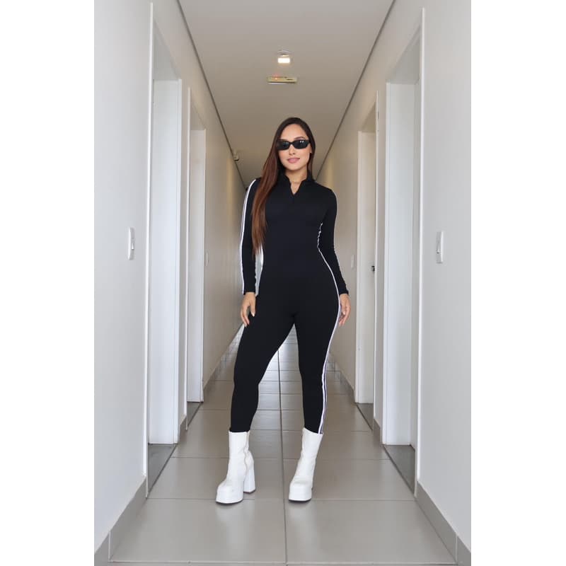 Macacão Longo Casual Chic com listra