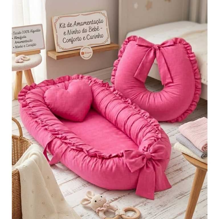 Ninho Redutor De Berço + Almofada Amamentação  Com Zíper Refil Facil Para Lavar.