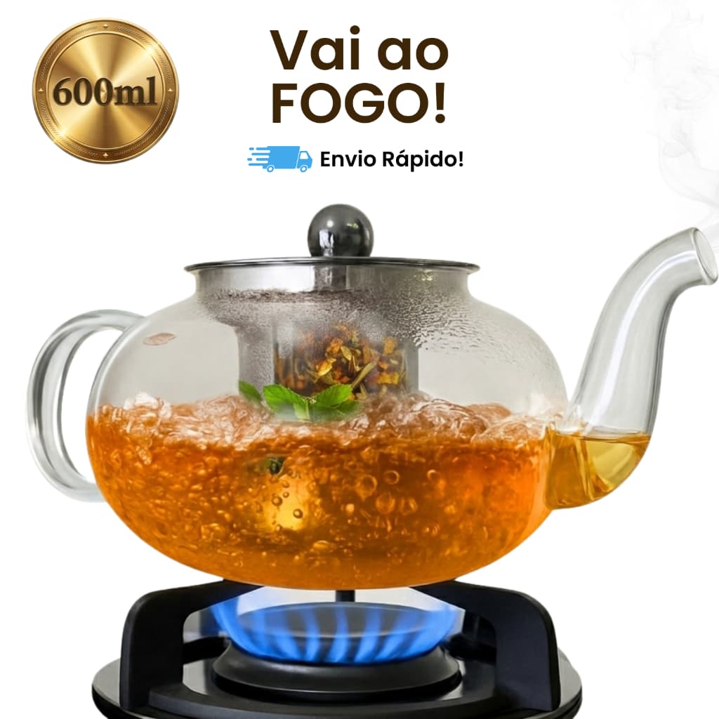 Chaleira de Vidro 600ml Borossilicato Vai ao Fogo | Bule para Chá com Infusor Inox Resistente