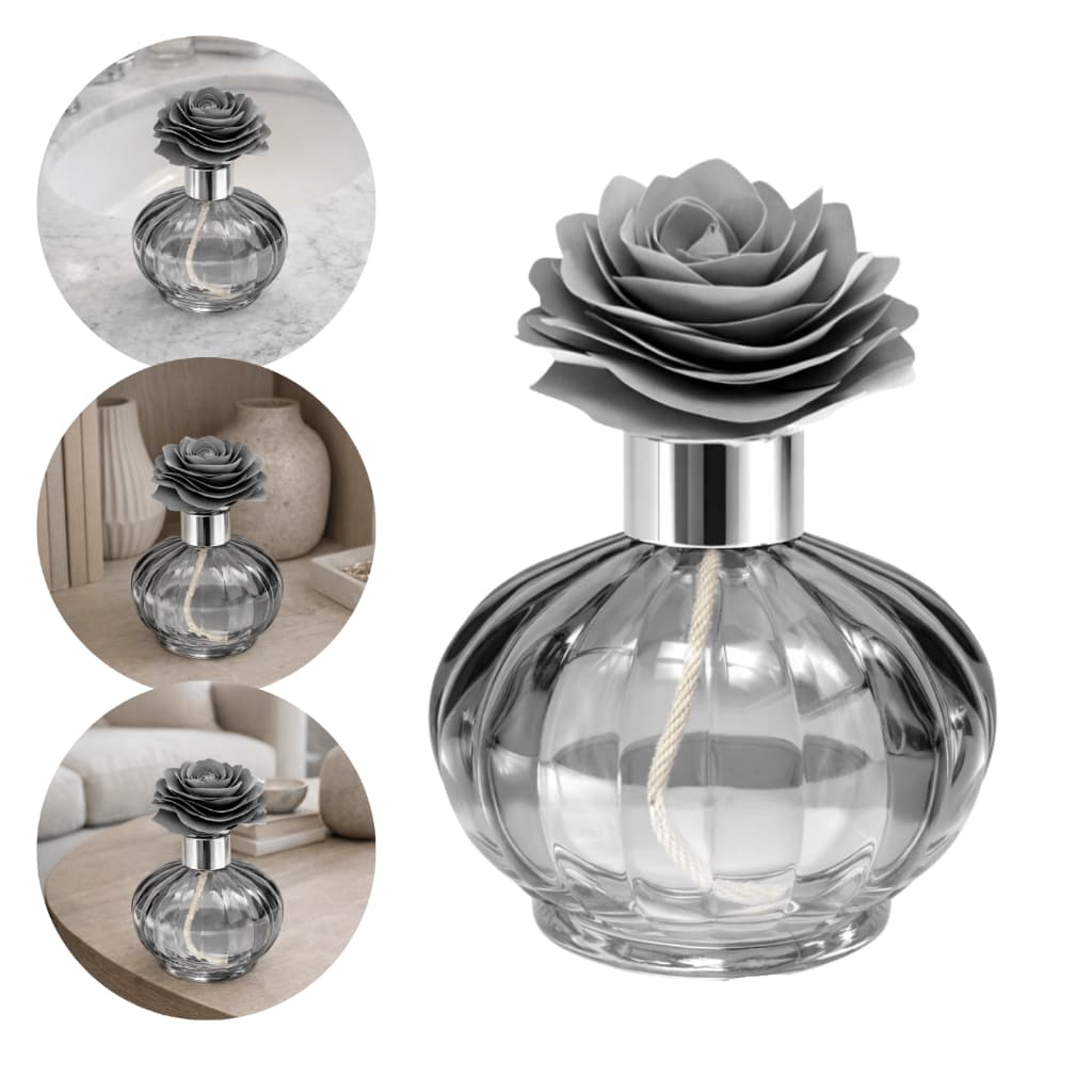 Frasco Difusor Fumê de Ambiente Vidro 240ml Premium com Flor Decorativa e Tampa Prata