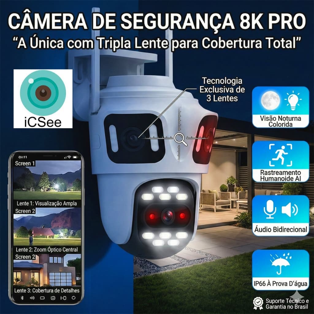 Câmera De Segurança 3 Lentes Wi-Fi 8K Full HD 360° IP66 Com Sirene Visão Noturna Externa Microfone