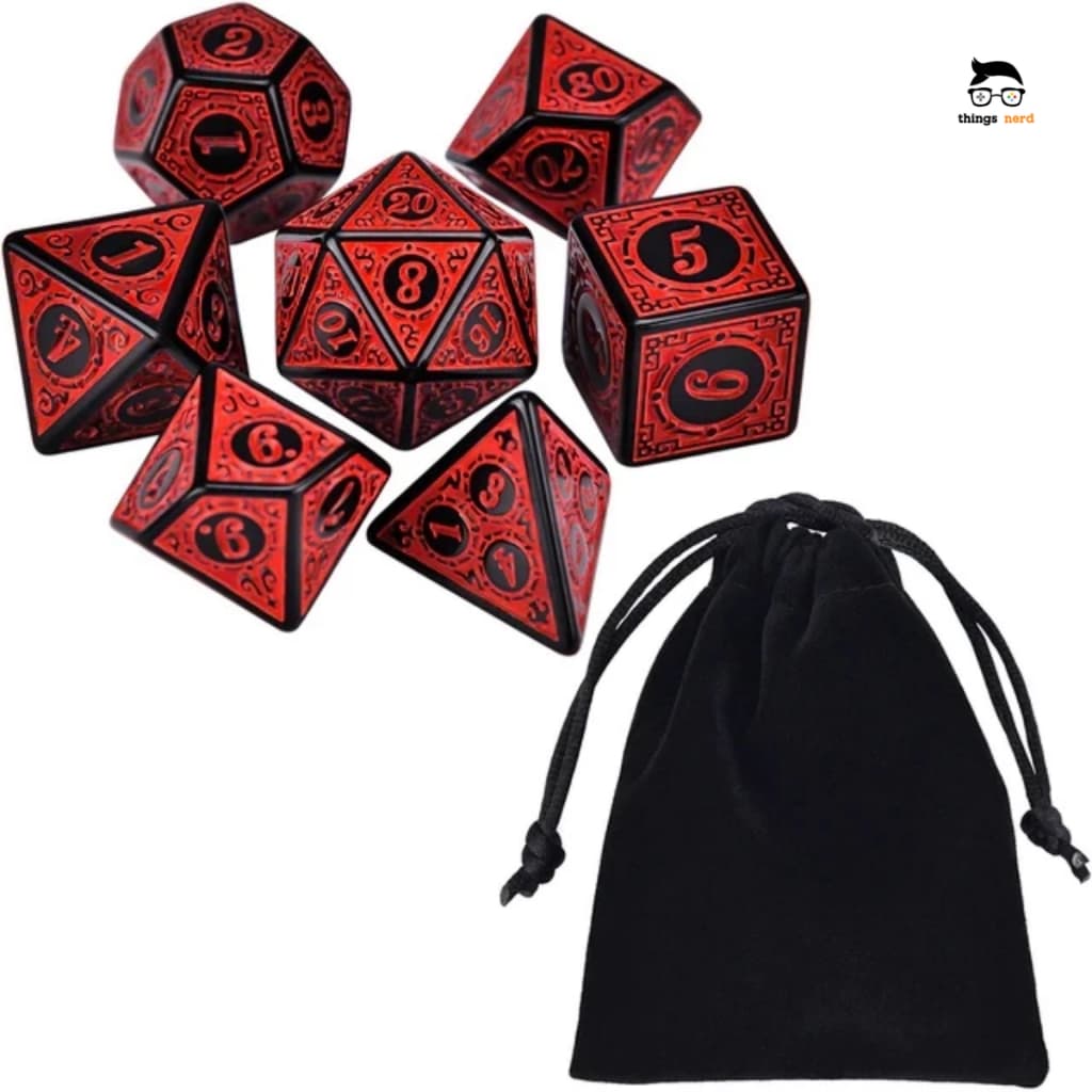 Kit 7 Dados RPG Vermelho com Runas D&D D4 D6 D8 D10 D10% D12 D20 Jogo Tabuleiro Dungeons and Dragons