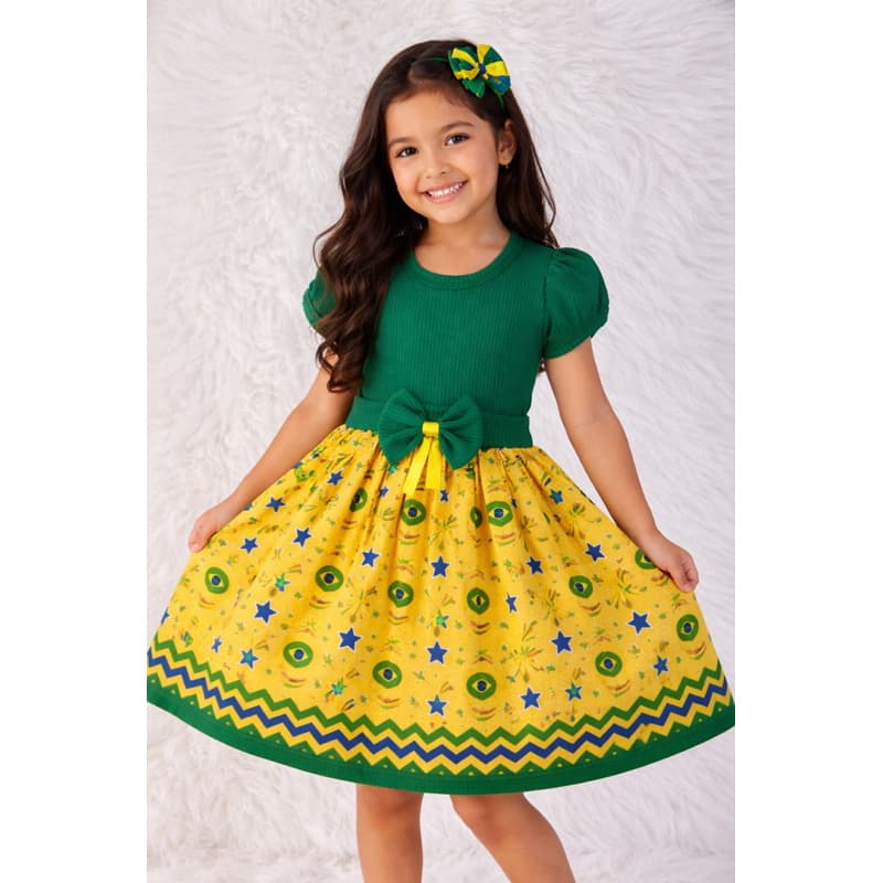 Vestido Infantil Menina Brasil Verde e Amarelo Temático Festa Futebol