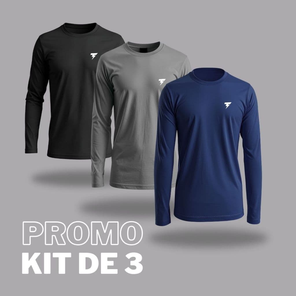 KIT 3 Camisa Masculina Manga Longa Proteção UV50+ Segunda Pele P M G GG