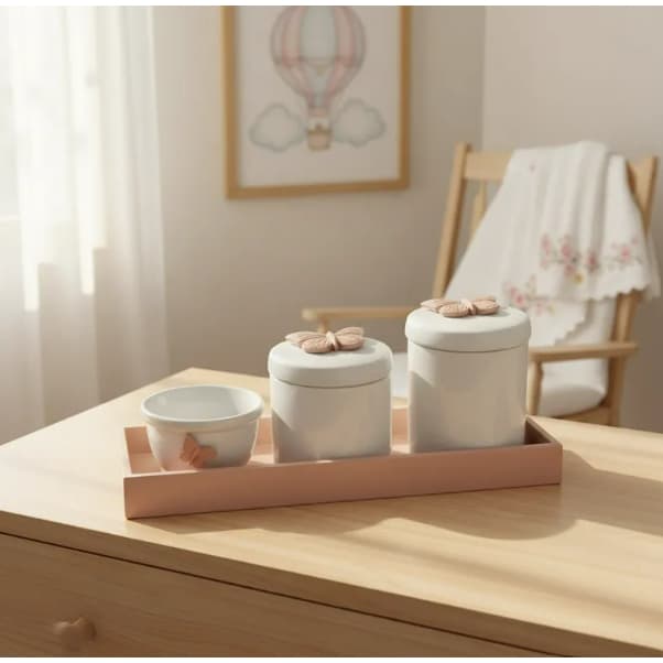 Kit Higiene Bebê Borboleta Bandeja Retangular Quarto Menina K052