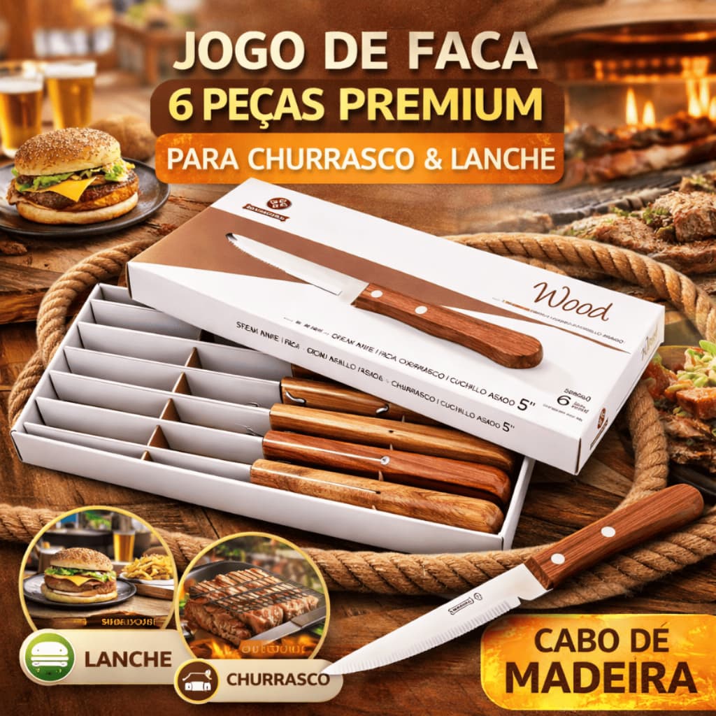 Jogo de Facas Luxo Premium Outback Cabo Madeira Jumbo 6 peças Aço inox Casa Churrasco Carne Mundial