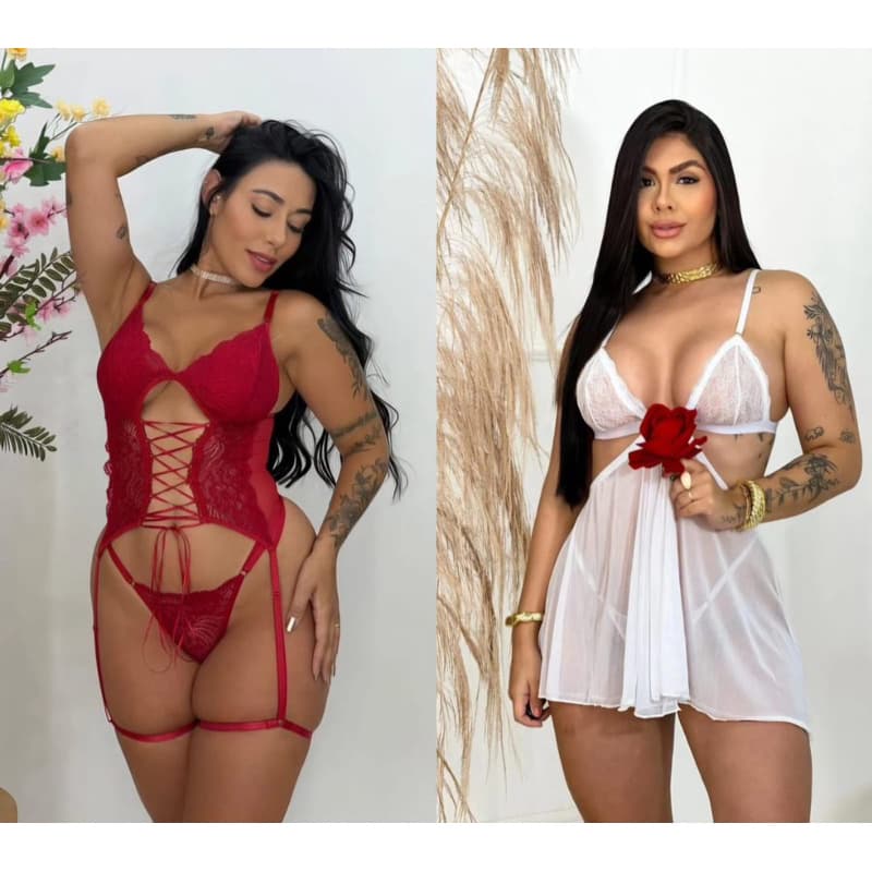kit 2 lingeries Camisola sexy de tule e Conjunto Corpete Cinta Liga Regulável Feminino Sensual.