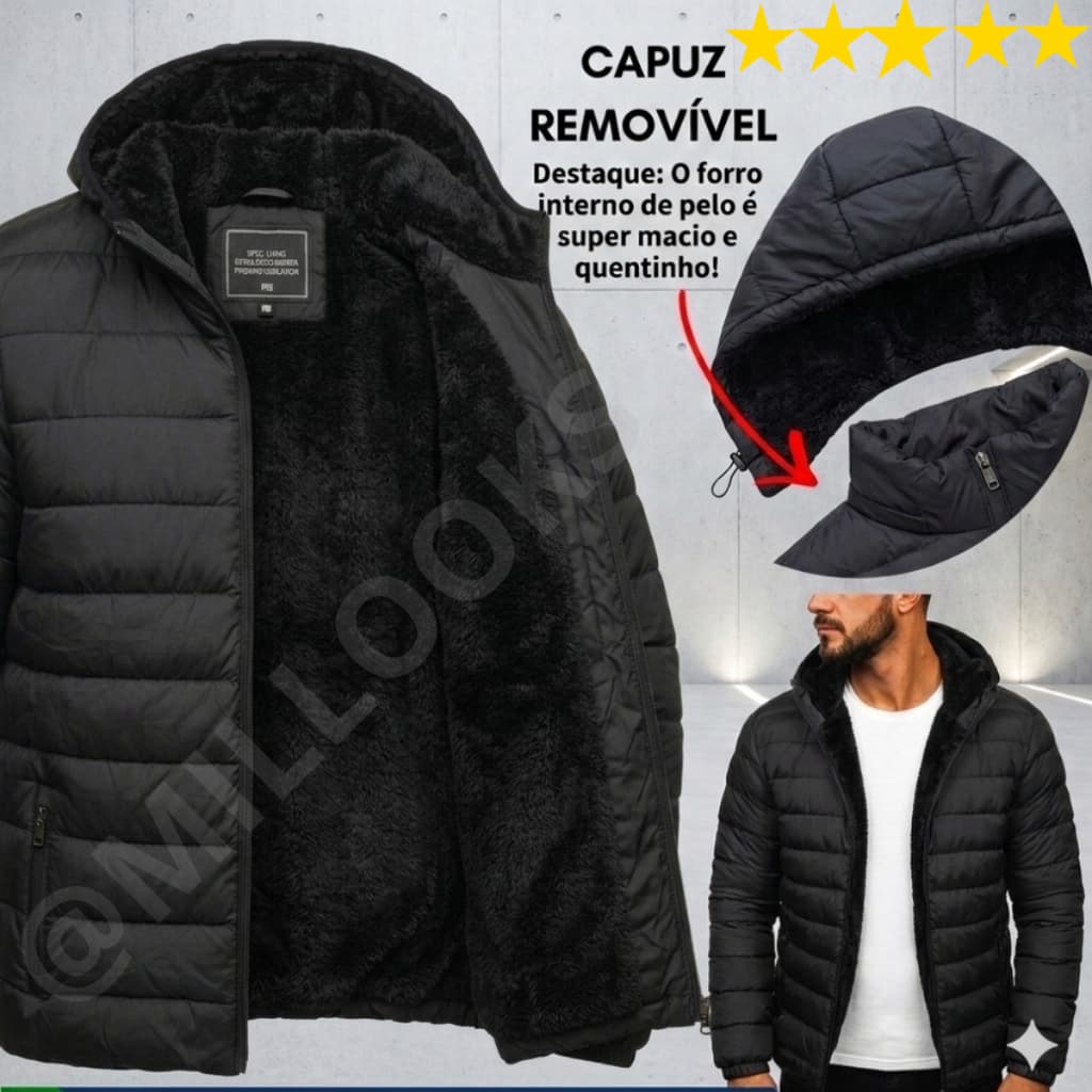 Jaqueta Plus Size Puffer com Forro de Pelúcia Impermeável Unissex