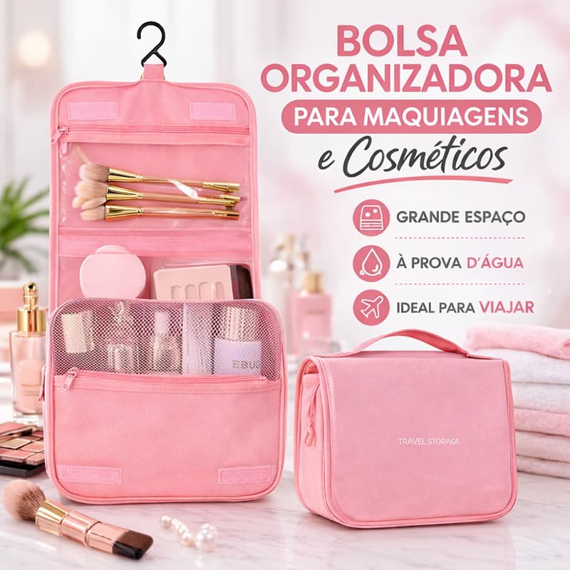 Necessaire Organizadora de Maquiagem Impermeável com Gancho, Bolsa de Cosméticos com Zíper para Viagem e Academia