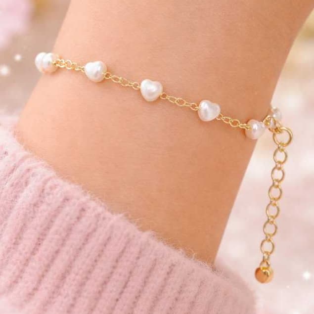 Pulseira Infantil Pérolas Formato de Coração Antialérgica Pequena (Verificar Tamanho na Descrição) Folheado a Ouro 18k