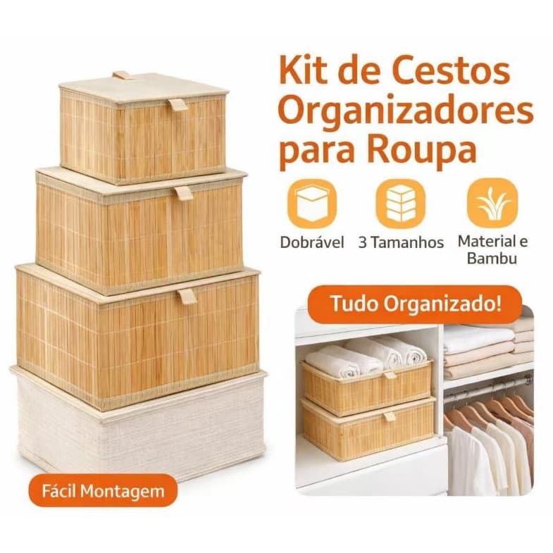 Kit Cestos Organizadores de Roupa Perfeitos de Bambu Multiuso com Forro e com Tampa