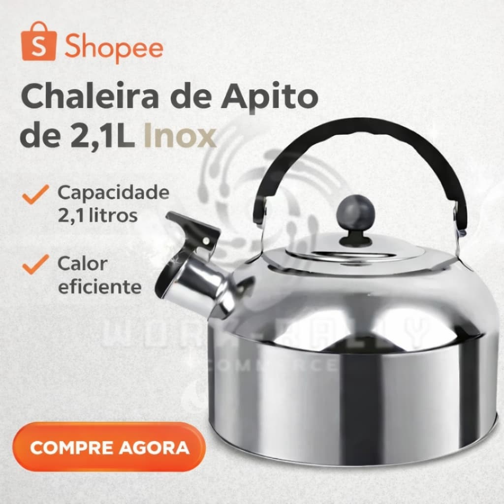 Chaleira De Aço Inox 2,1l  Com Alça Ergonômica e Apito Para Fogão a Gàs