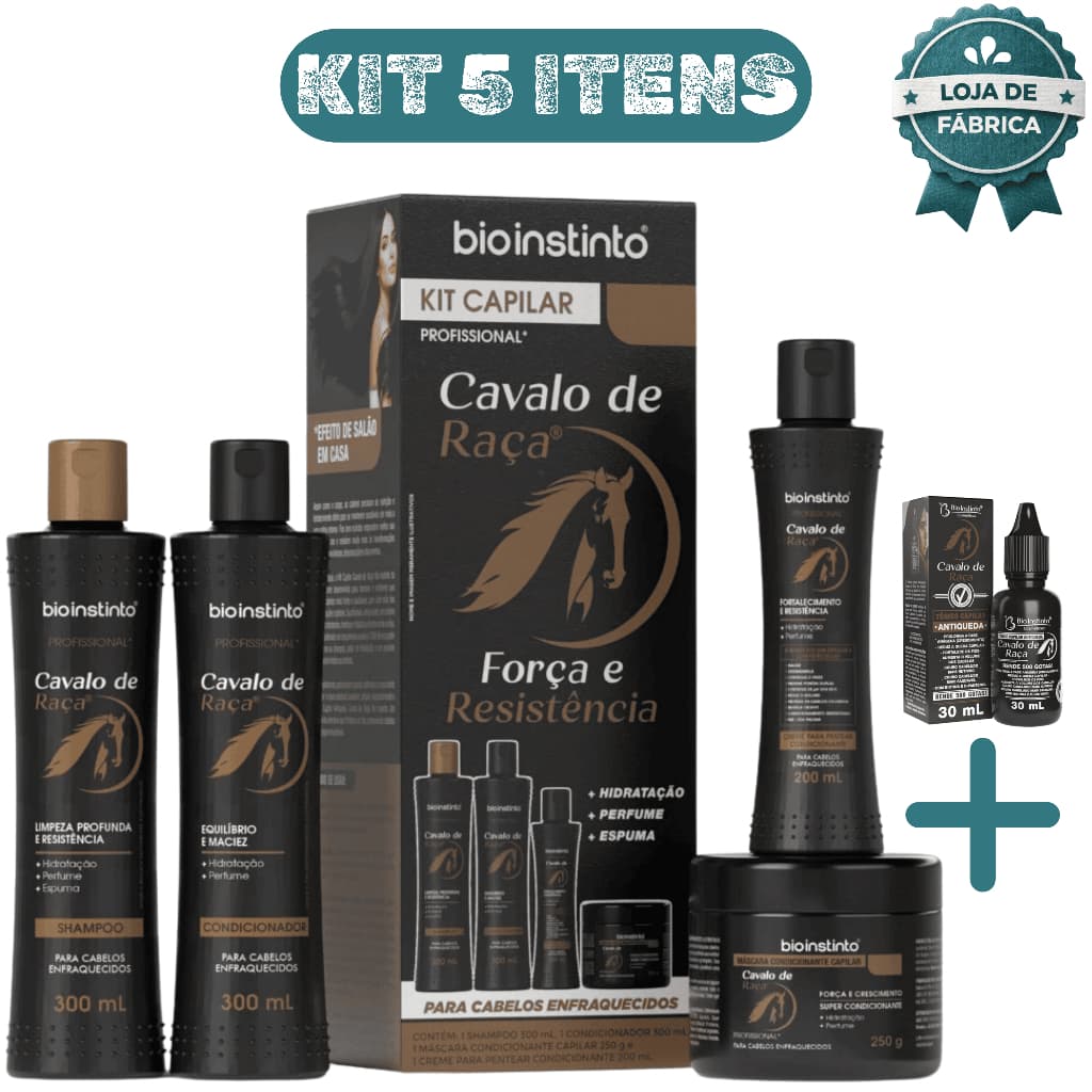 Kit Antiqueda Cavalo de Raça 5 Itens Completo com Tônico Capilar Crescimento Força e Brilho